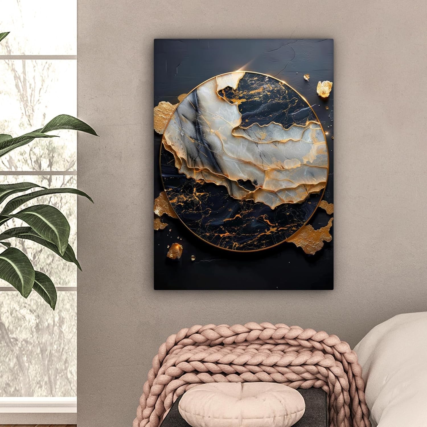 Large Framed Canvas Wall Art 50x70cm Gold Black Marble