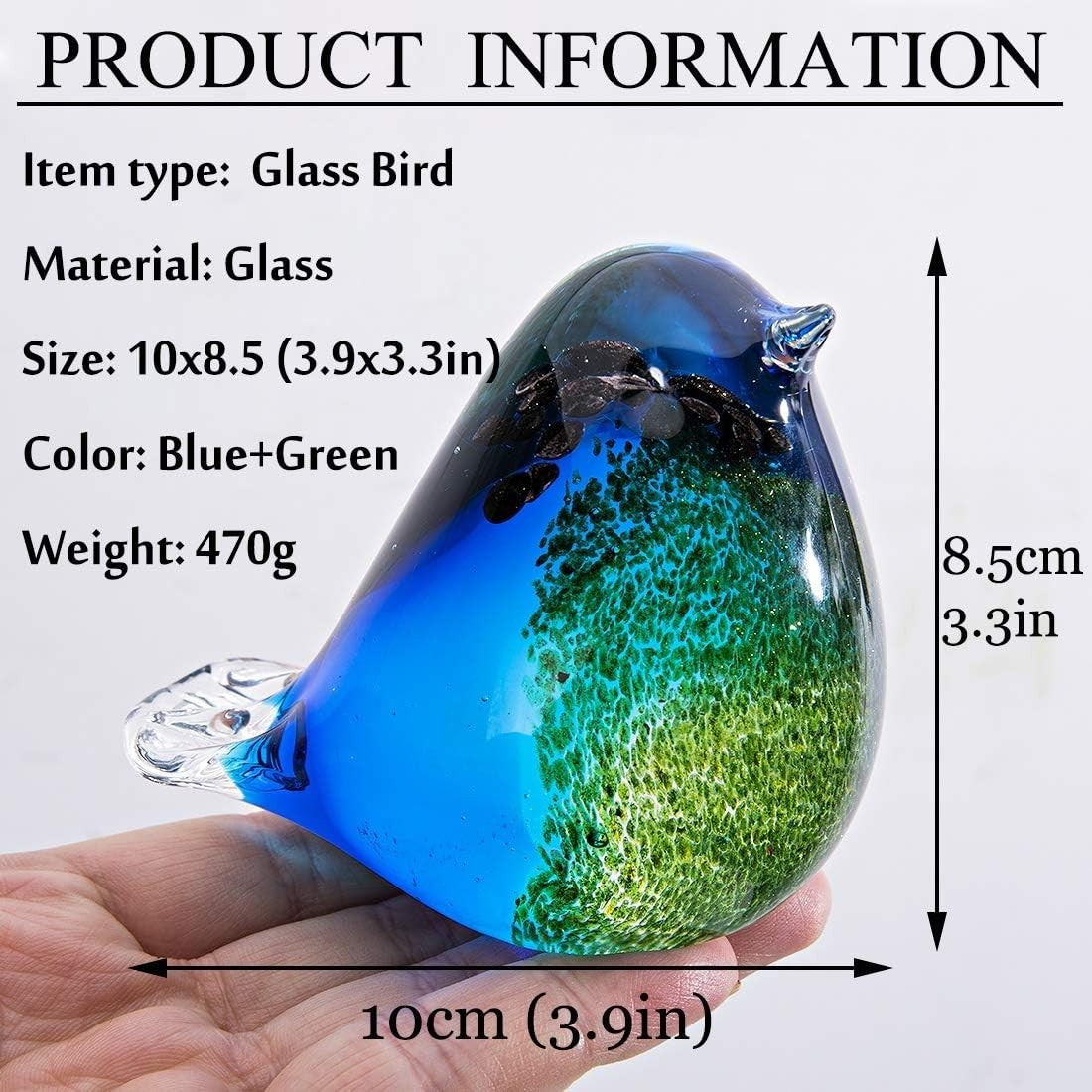 Handmade Blue Glass Bird Ornament | Blown Glass Figurine Art Decor Gift