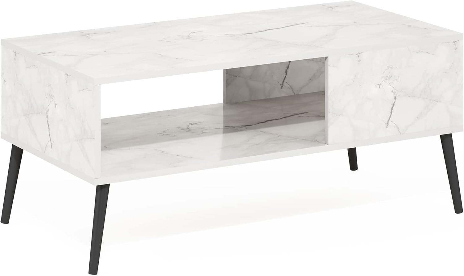 Mid Century Marble White Coffee Table with Wood Legs & Storage 100x50cm