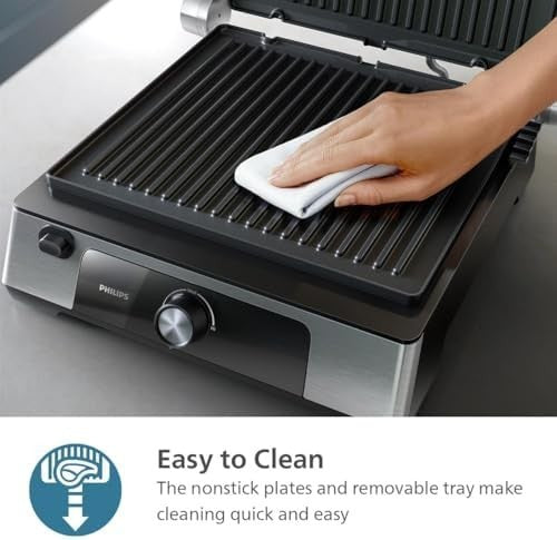 2200W Contact Grill Non-Stick Plates Adjustable Temp & Height Flat Open