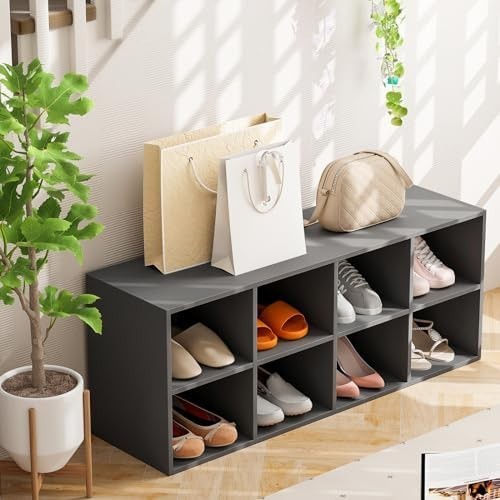 Grey Shoe Bench with 8 Compartment Storage Rack Seat for Hallway Bedroom