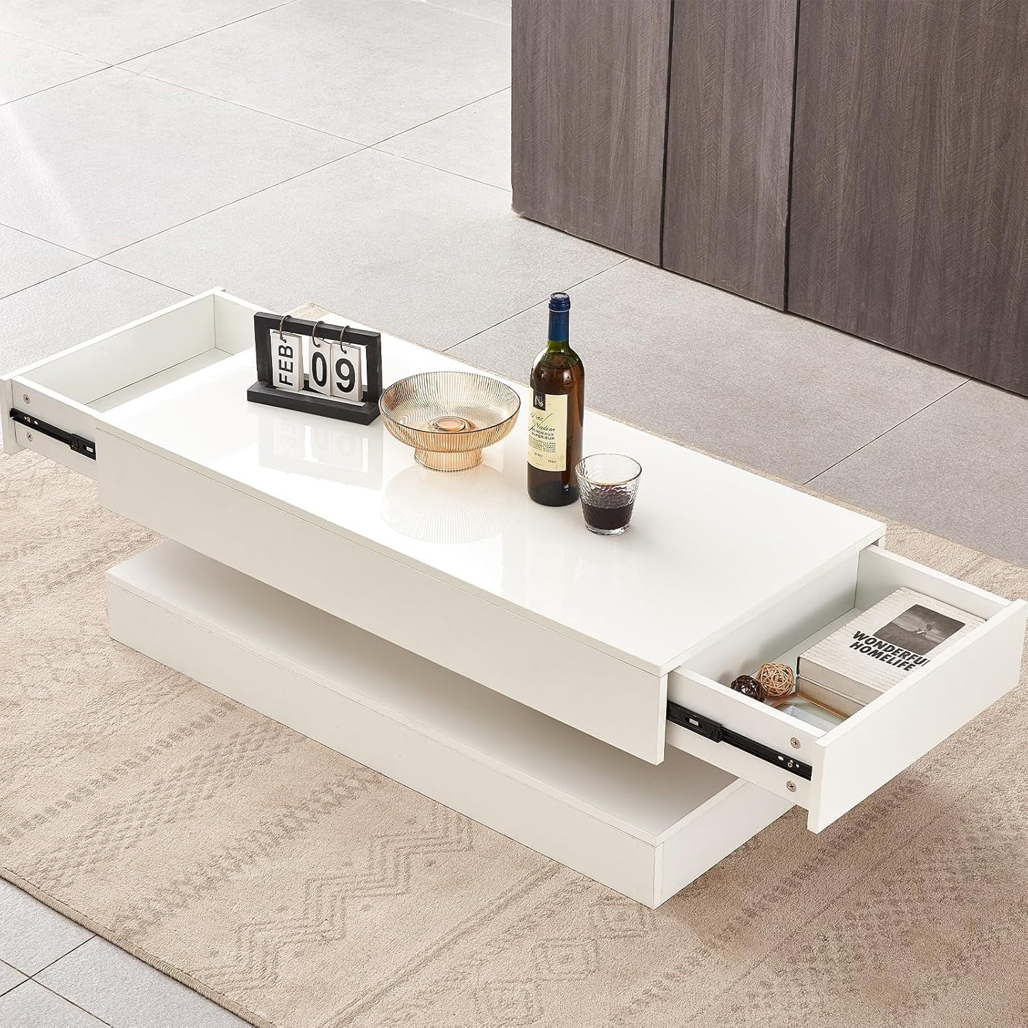 White LED Coffee Table High Gloss 2 Drawer Storage Modern Living Room