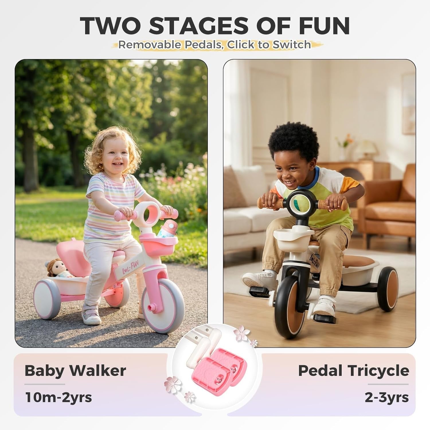 Kids Tricycle Toddler Bike Pink Adjustable Seat Storage Baskets 1-4Y