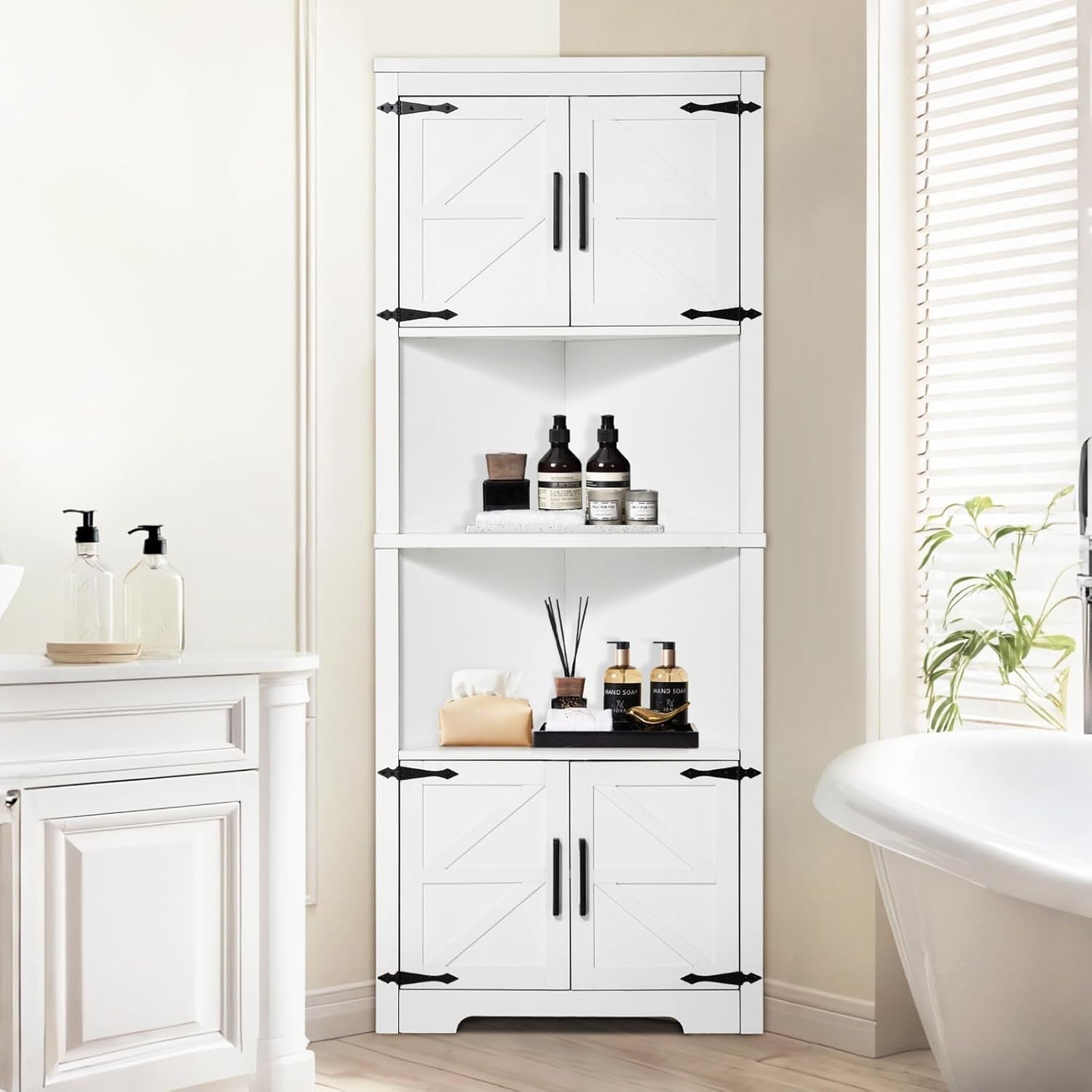 Corner Kitchen Storage Cabinet 68" Tall, 4 Doors, Adjustable Shelves, Space Save