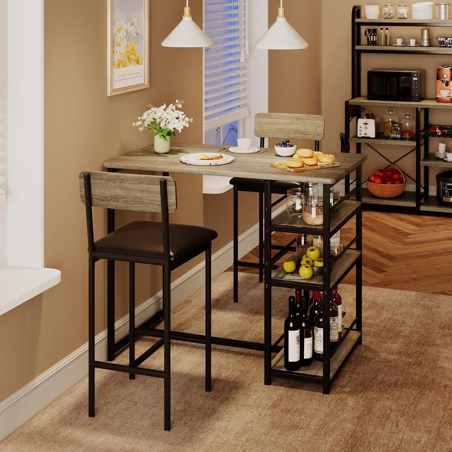 3 Pieces Bar Table Set 2 Upholstered Stools & Storage Shelves High Dining Grey
