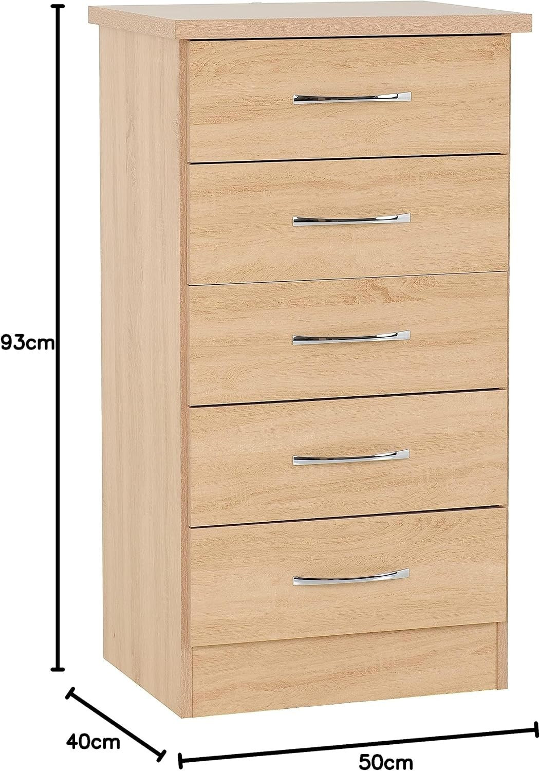Slim Oak 5 Drawer Chest Tall Narrow Storage Unit for Bedroom Living Room