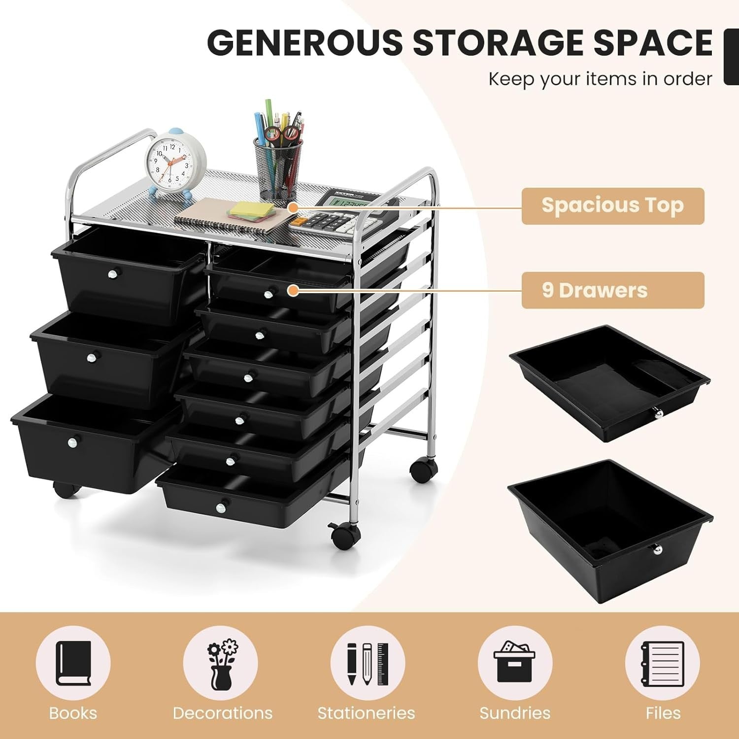 9 Drawer Rolling Storage Trolley Black Utility Cart Organizer Wheels