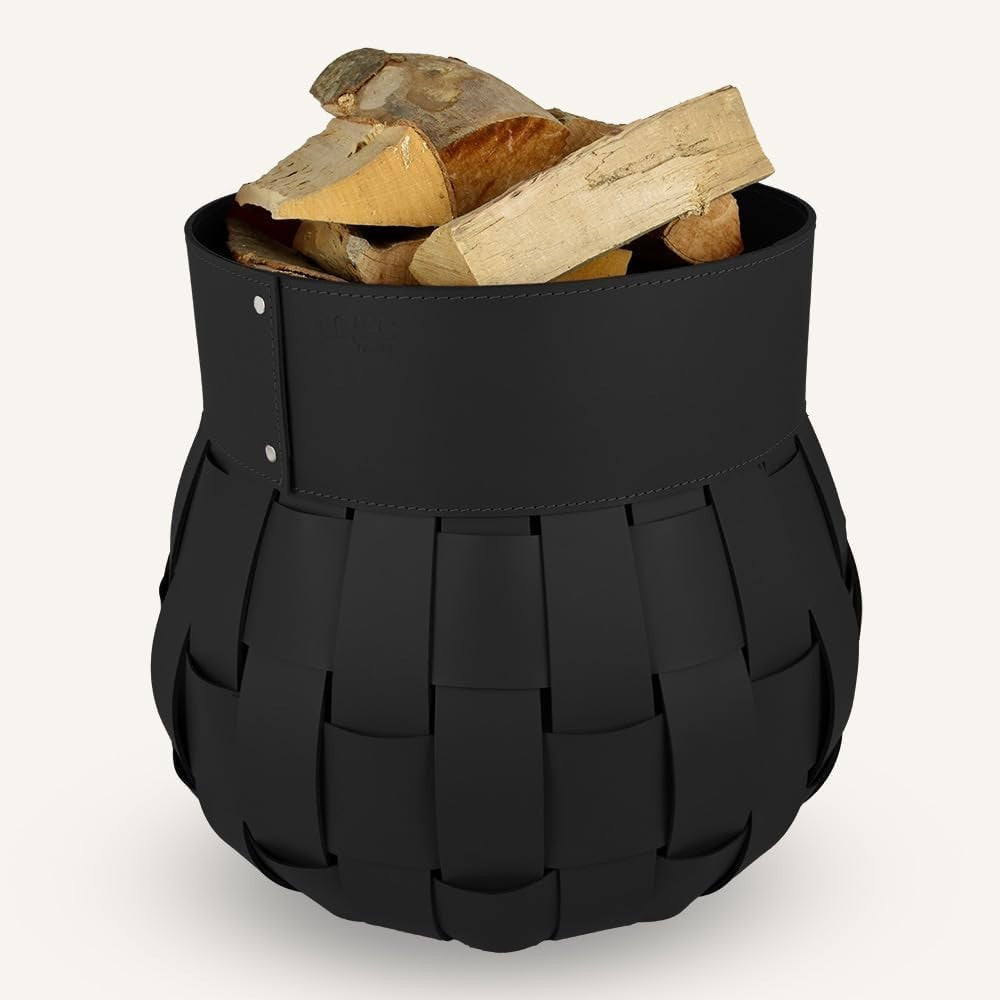 Black Leather Firewood Basket with Wheels – Indoor Log Holder, 45x45x48 cm