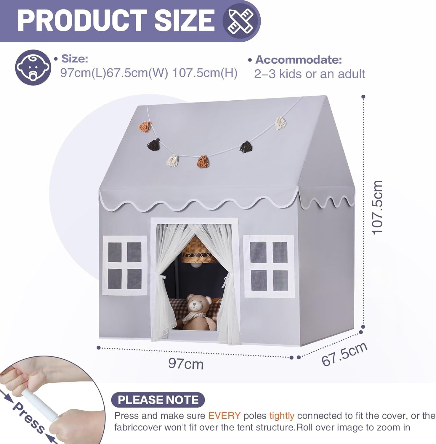 Kids Play Tent with Padded Mat Indoor Fairy Tale Playhouse Grey