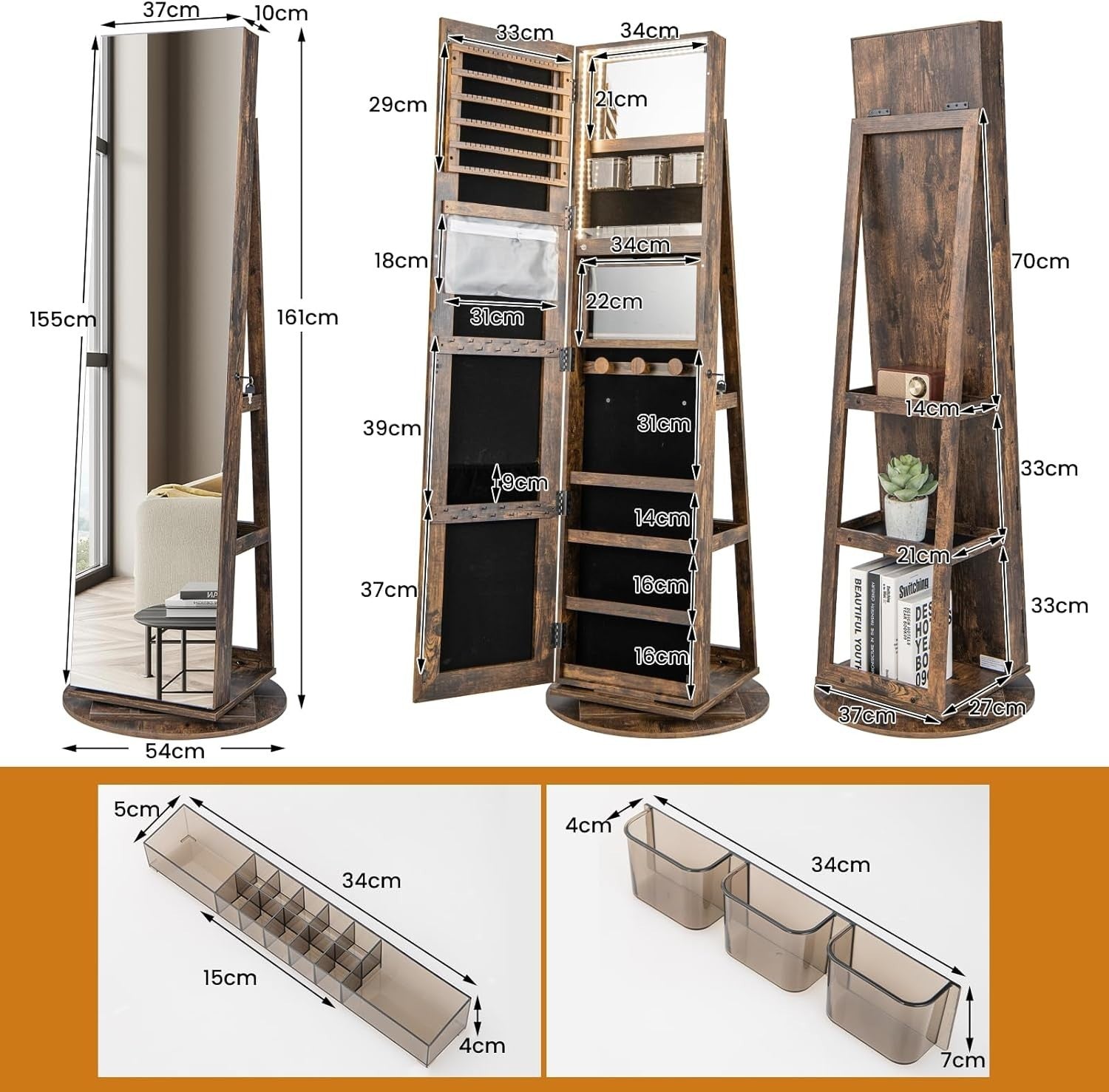 Rustic Brown 360° Swivel LED Jewelry Cabinet Mirror Lockable 3-in-1