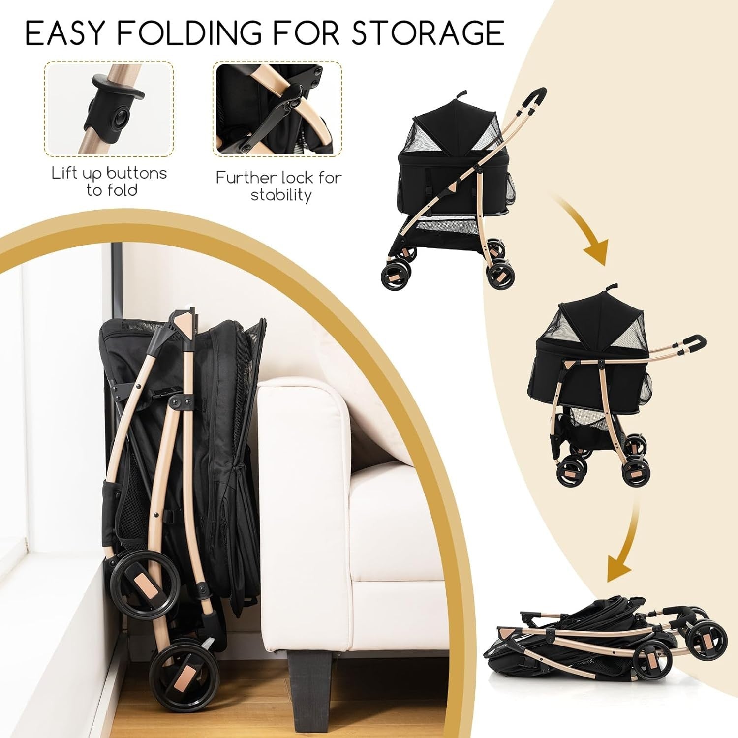 3 in 1 Pet Stroller Folding Dog Cat Pushchair Detachable Carrier 4 Wheel