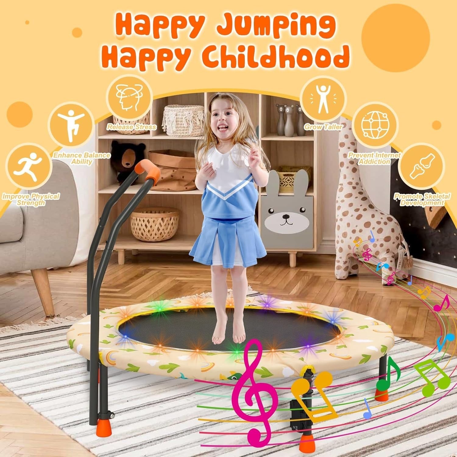 36'' Kids Mini Trampoline Adjustable Handle Safety Pad Indoor Outdoor