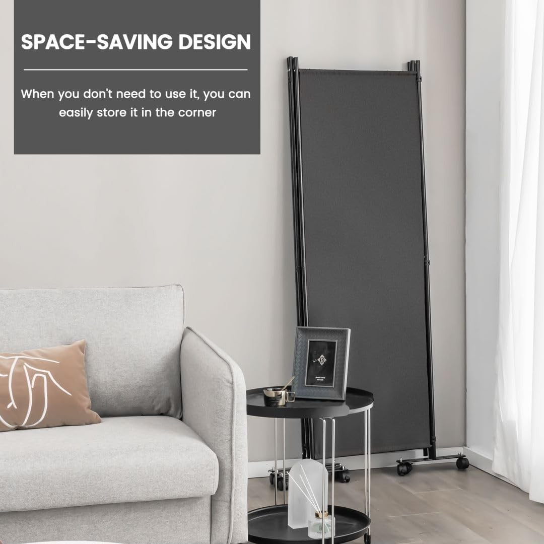 4 Panel Grey Folding Room Divider Privacy Screen on Wheels for Home Office