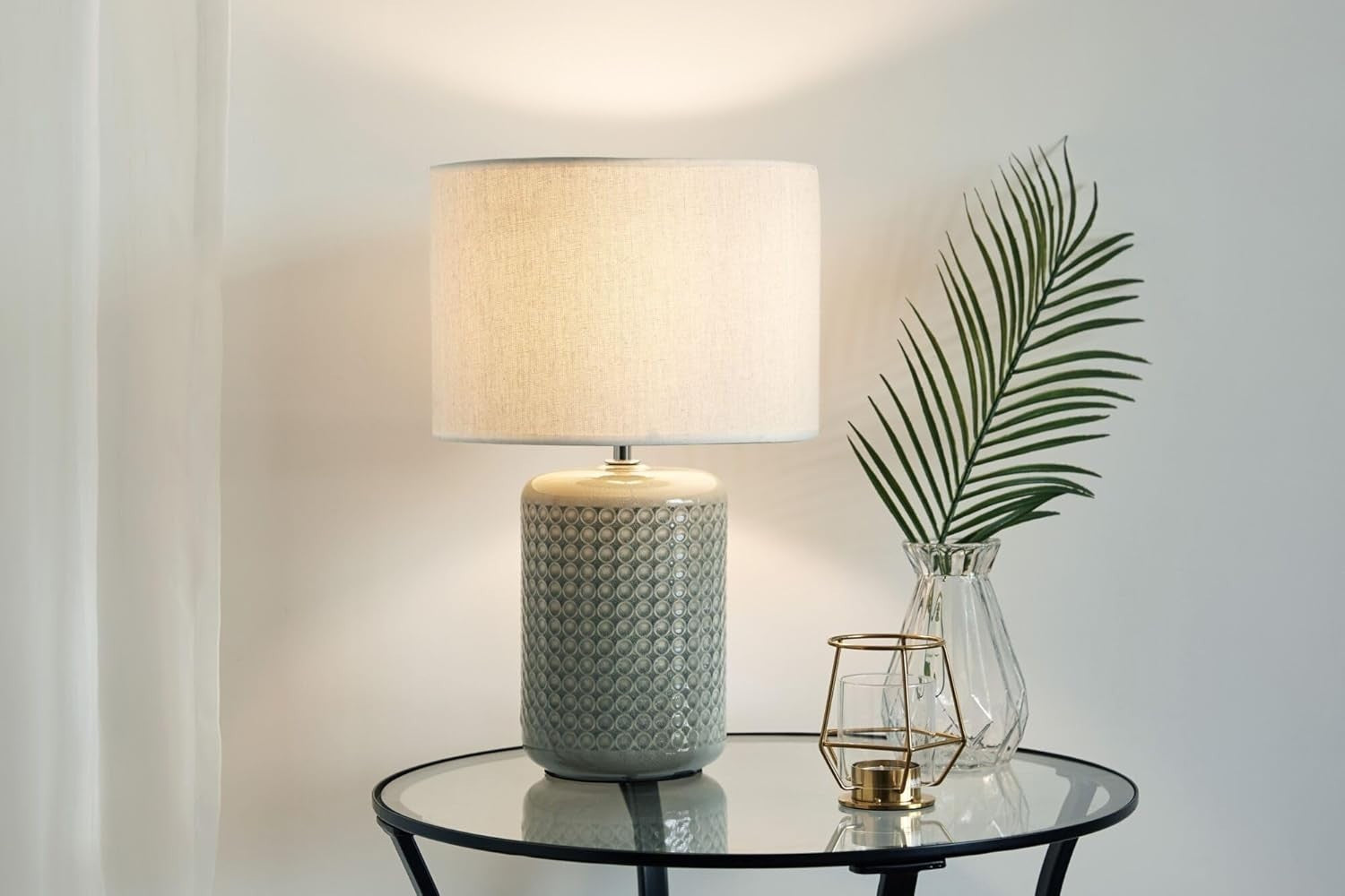 Ceramic Table Lamp Green Beige Fabric Shade Bedside Light E27 40cm