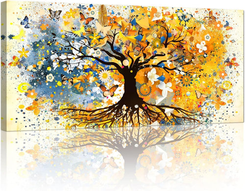 Large Tree of Life Canvas Wall Art Yellow Abstract Framed Print 100x50cm