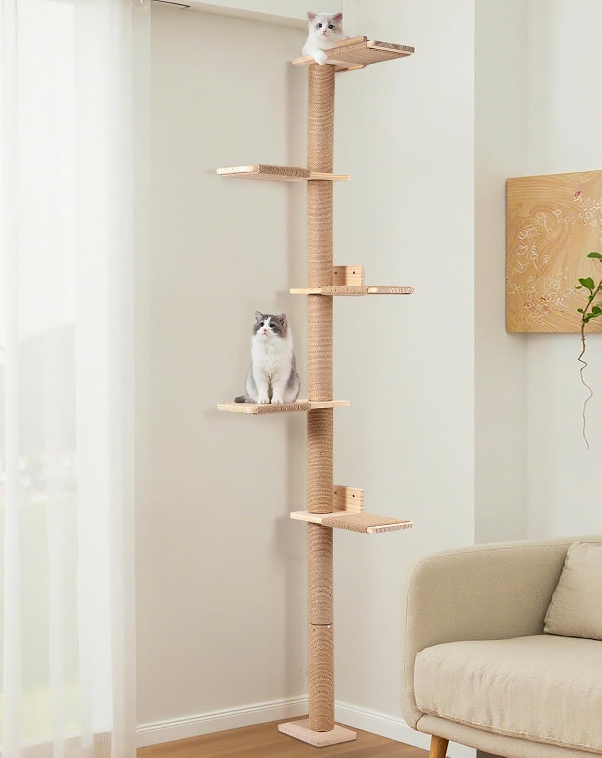 Floor to Ceiling Cat Tree 213cm Wall Mounted Scratching Post Shelves Tower