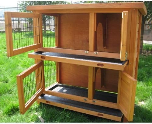 Double Rabbit Hutch Indoor Outdoor Wooden Cage Sliding Tray 2 Tier