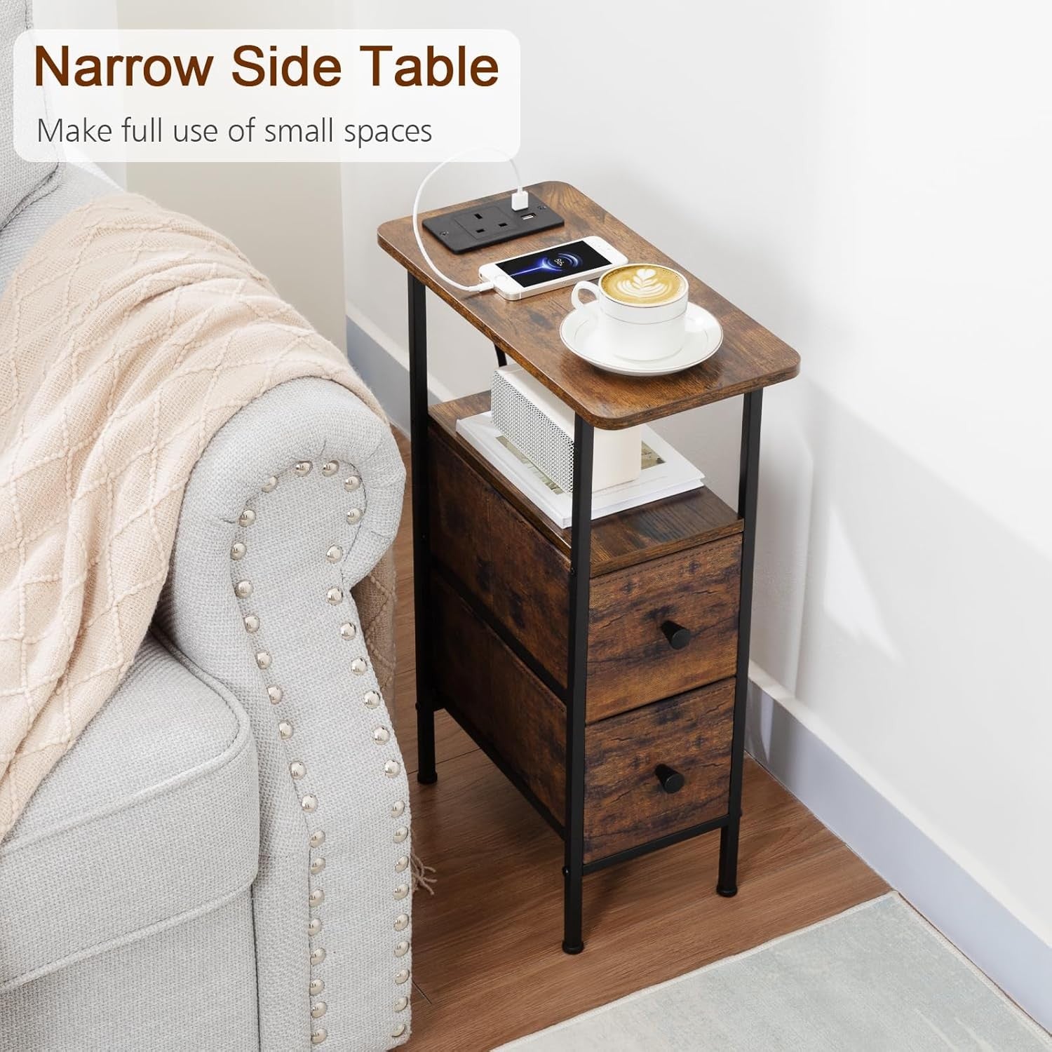 Rustic Slim Bedside Table with Charging Station, 2 Drawers & Open Shelf Storage