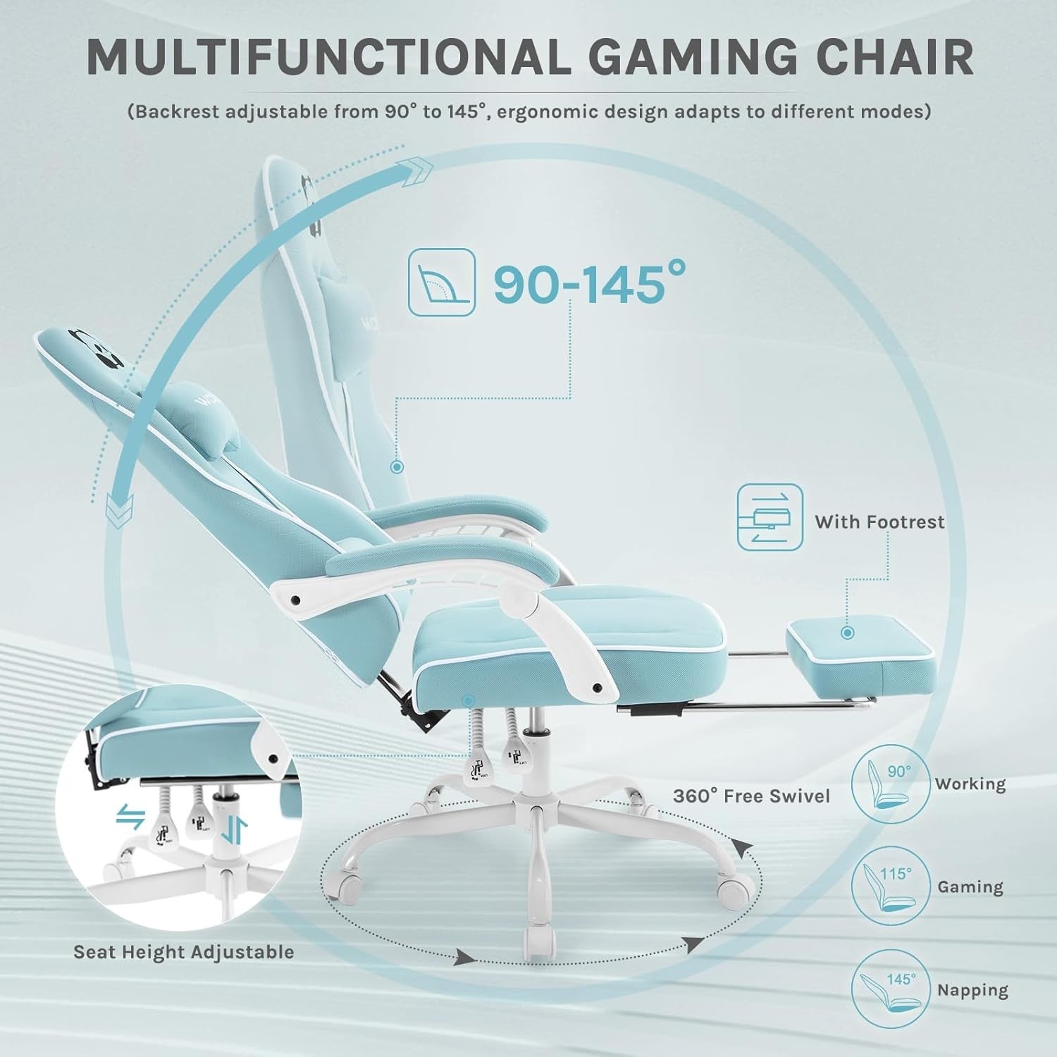 Gaming Chair w/ Pocket Spring Cushion Footrest 150kg Blue