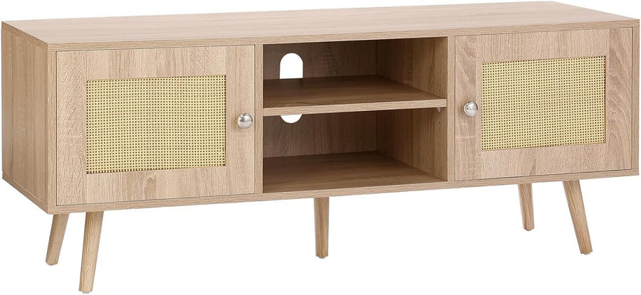 Rattan TV Stand 55" Mid Century Modern Oak Cabinet w/ Storage Shelves