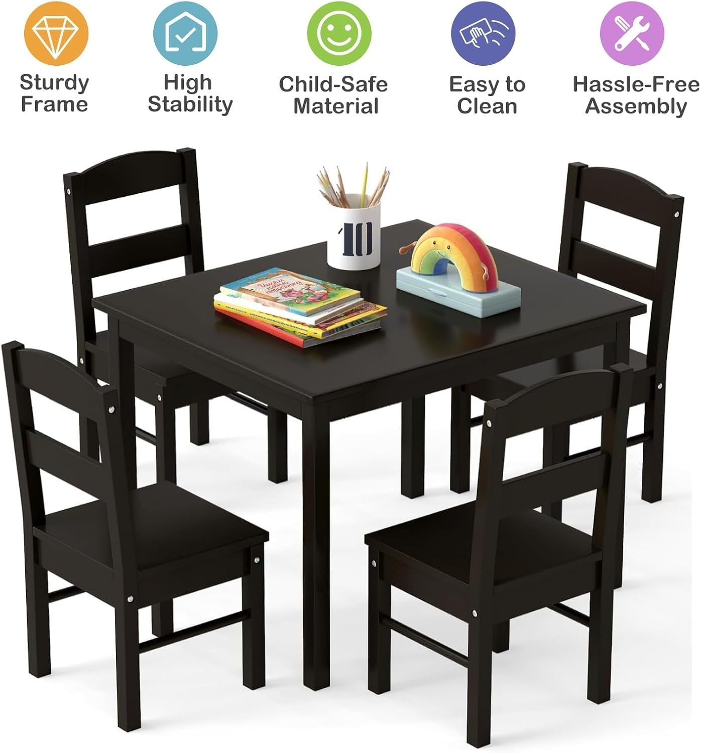 Kids Wooden Table and Chair Set, 4 Seats, Durable Activity & Study Furniture