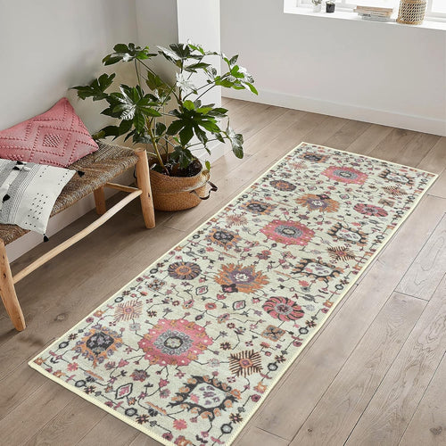 Washable Runner Rug 60x180cm Non-Slip Short Pile Dusk Beige Pink Vintage Hallway