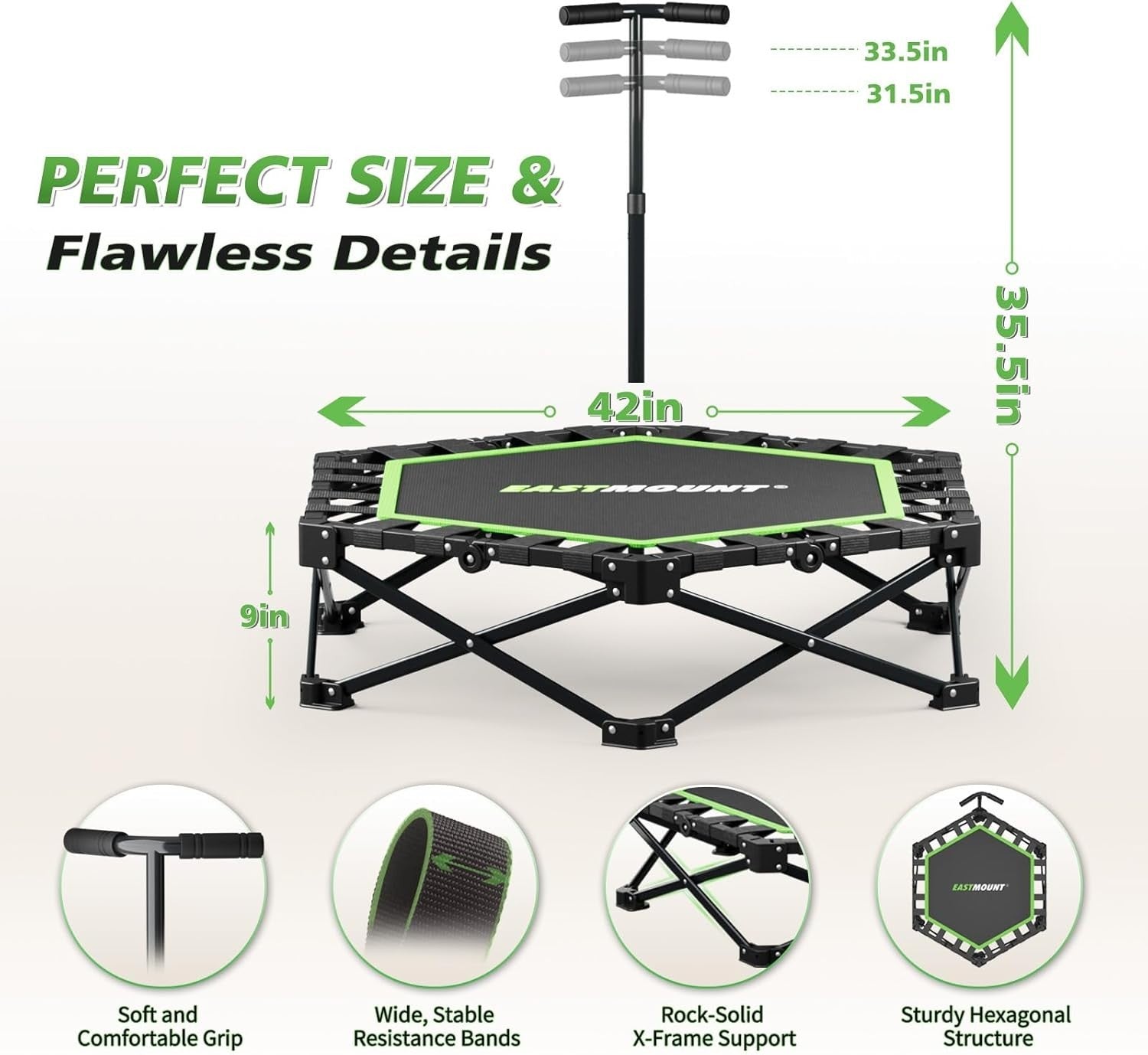 42in Folding Fitness Rebounder Trampoline Silent Bungee Handle 440lb