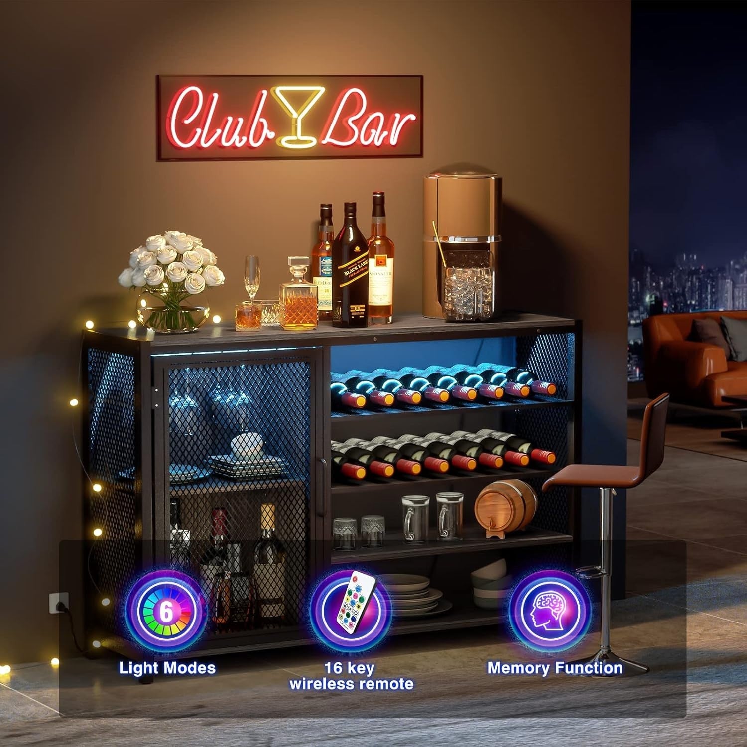 LED Home Bar Cabinet with Power Outlets, Wine Rack & Glass Holder