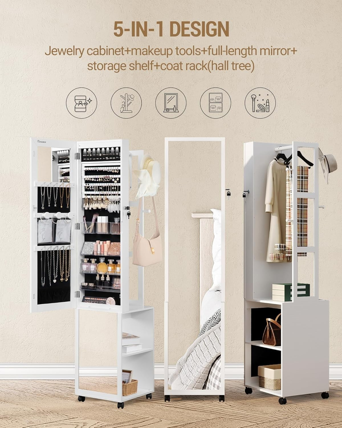White & Black LED Jewelry Cabinet Mirror Lockable Rolling Storage Rack