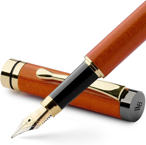 Cherry Wood Fountain Pen Set Fine Nib Black Blue Ink Gift Case