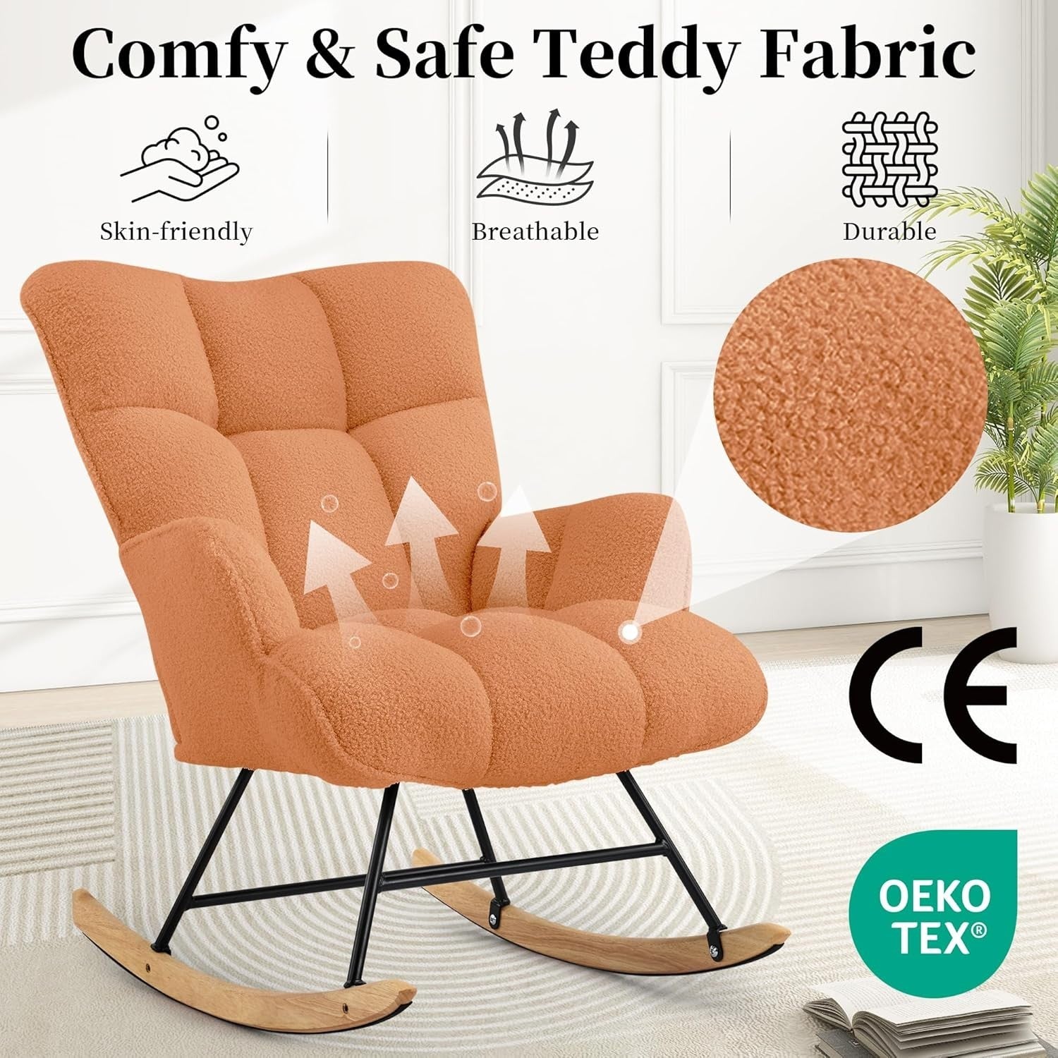 Teddy Fleece Rocking Chair for Adults Nursery Glider Armchair Orange