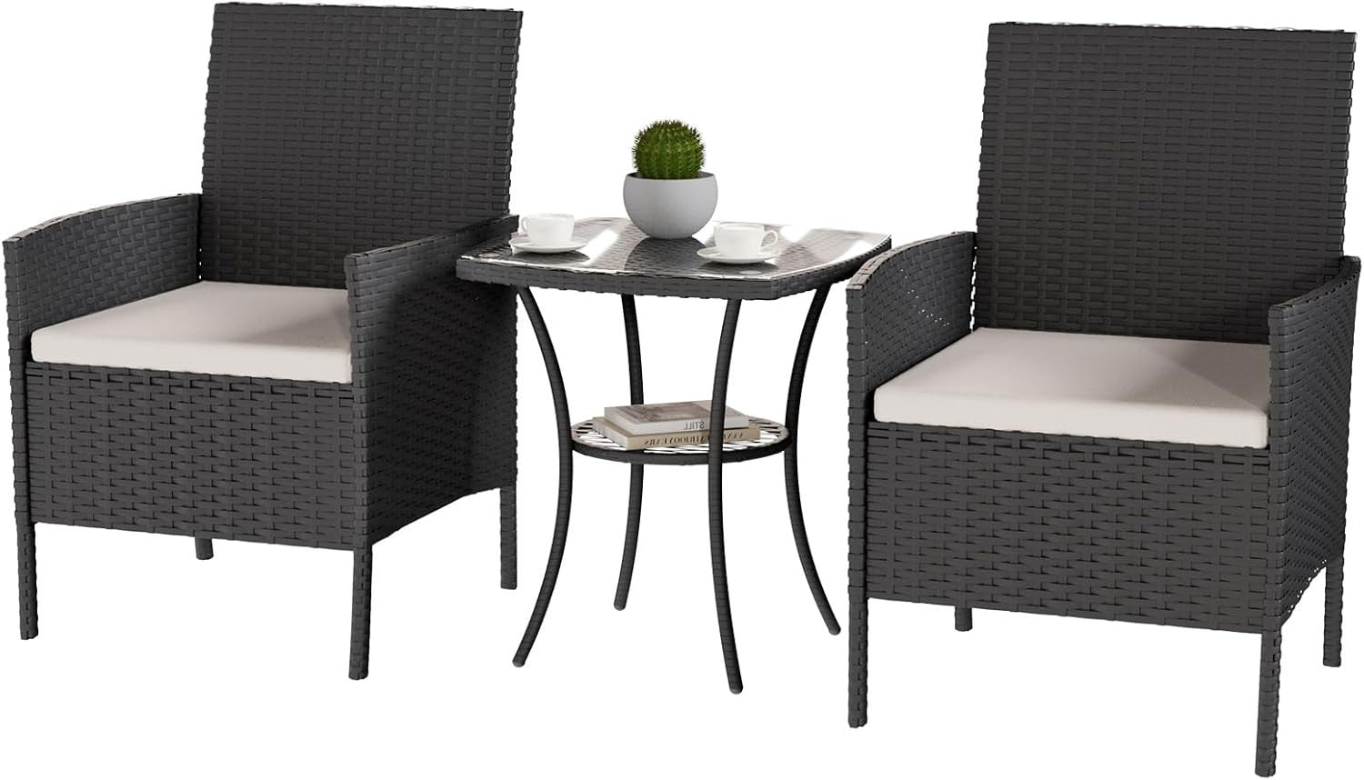 Black 3-Piece Rattan Garden Bistro Set Patio Chairs Table Outdoor Furniture