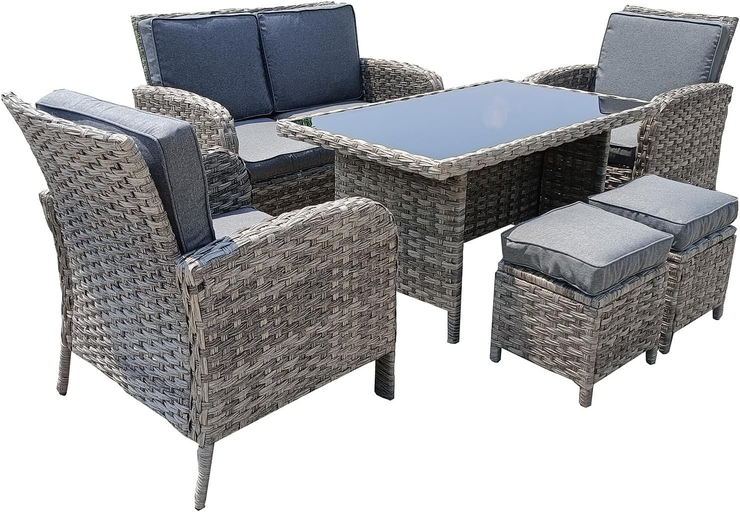 Rattan Garden Sofa Set 6PC Outdoor Dining Furniture w/ Glass Table