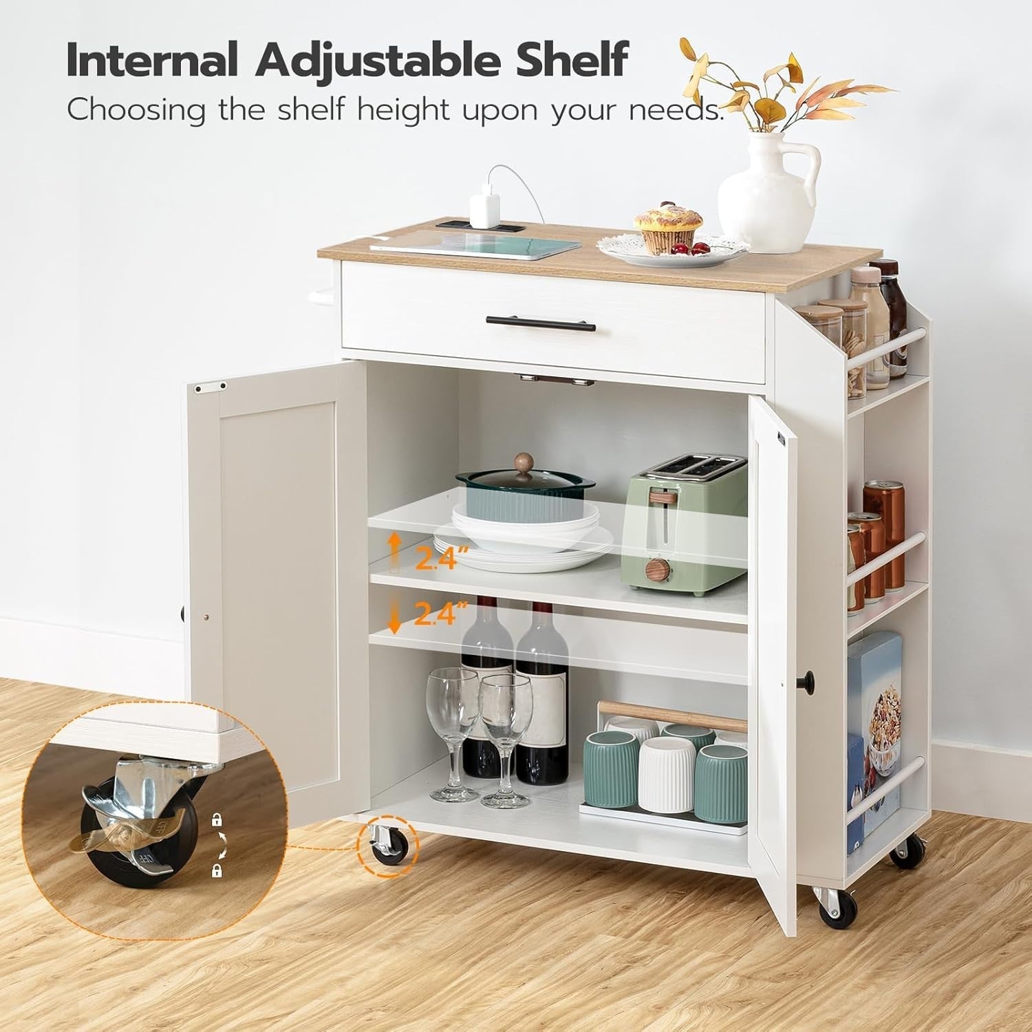 Rolling Kitchen Island Cart with Power Outlet, Spice Rack & Storage Drawer