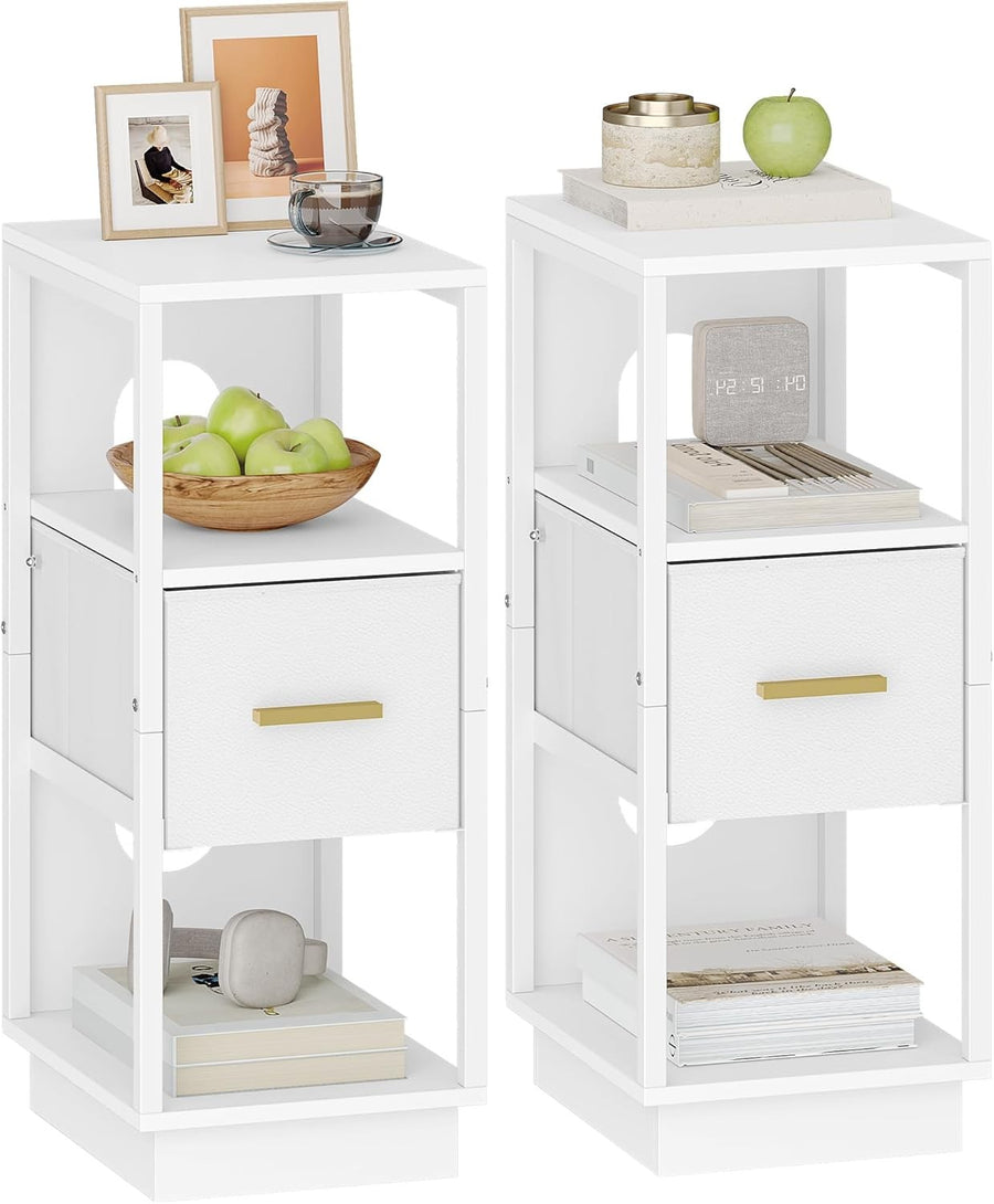Set of 2 Slim White Bedside Tables – Modern Narrow Nightstands w/ Drawer & Shelv