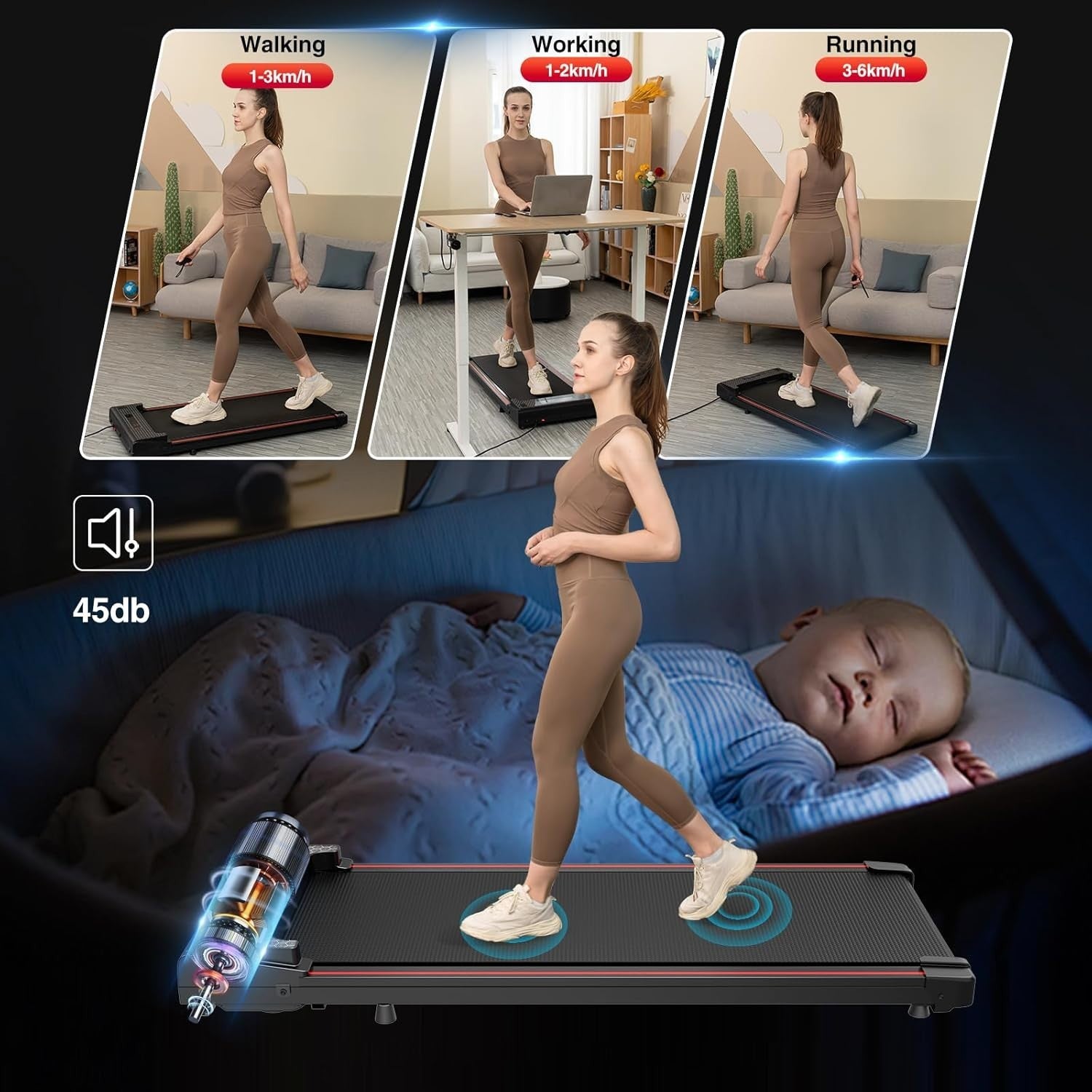 Under Desk Treadmill 1-6km/h Portable Home Office Walking Pad LCD Remote