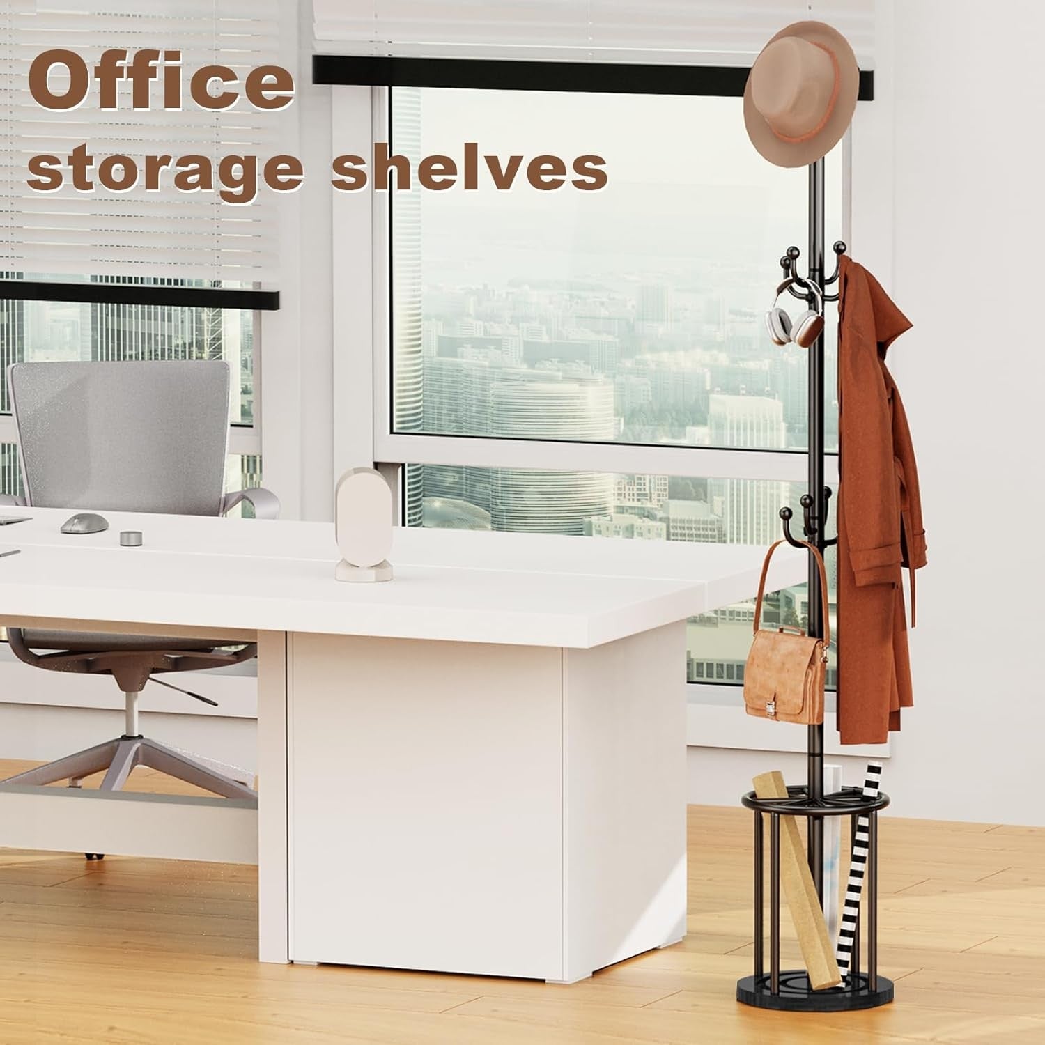 Black Metal Coat Rack Stand | 12 Hook Freestanding Hall Tree with Umbrella Base