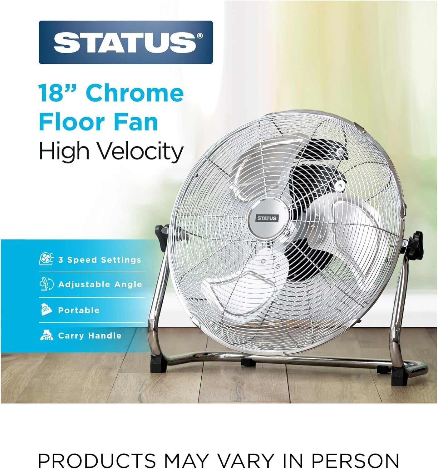 18 Inch Floor Fan Chrome 3-Speed High Velocity Adjustable Angle Cooling Portable