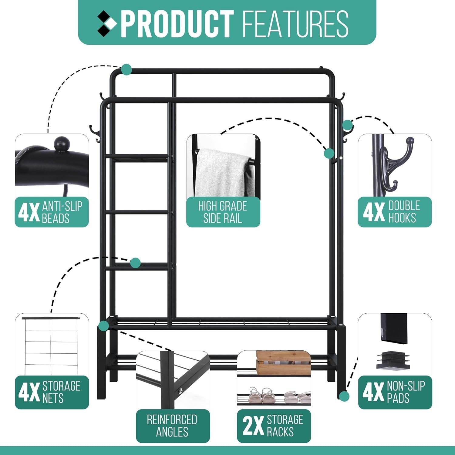 Heavy Duty Clothes Rail Black 120KG Double Hanging Rack With Shelves