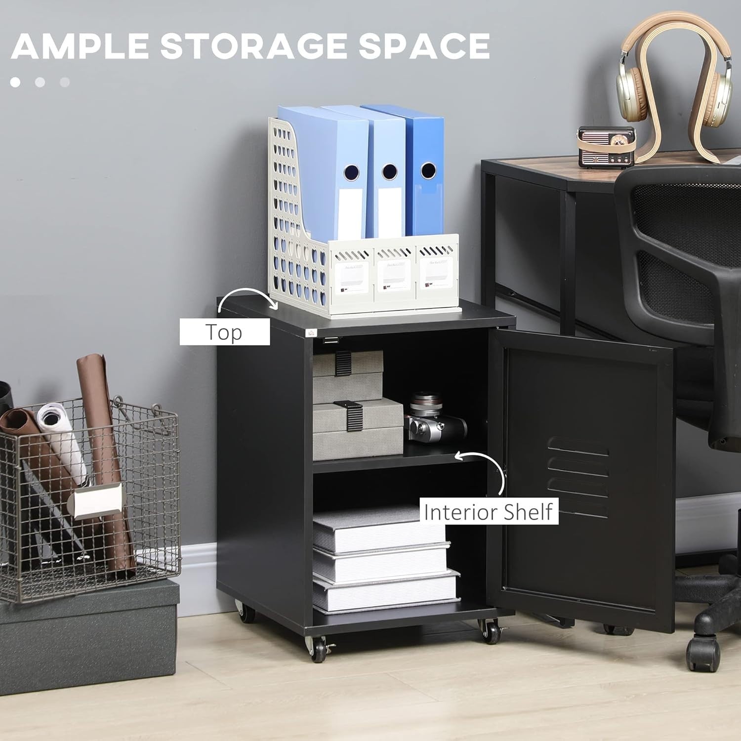 Black Rolling Filing Cabinet 55cm Metal Door Mobile Office Storage