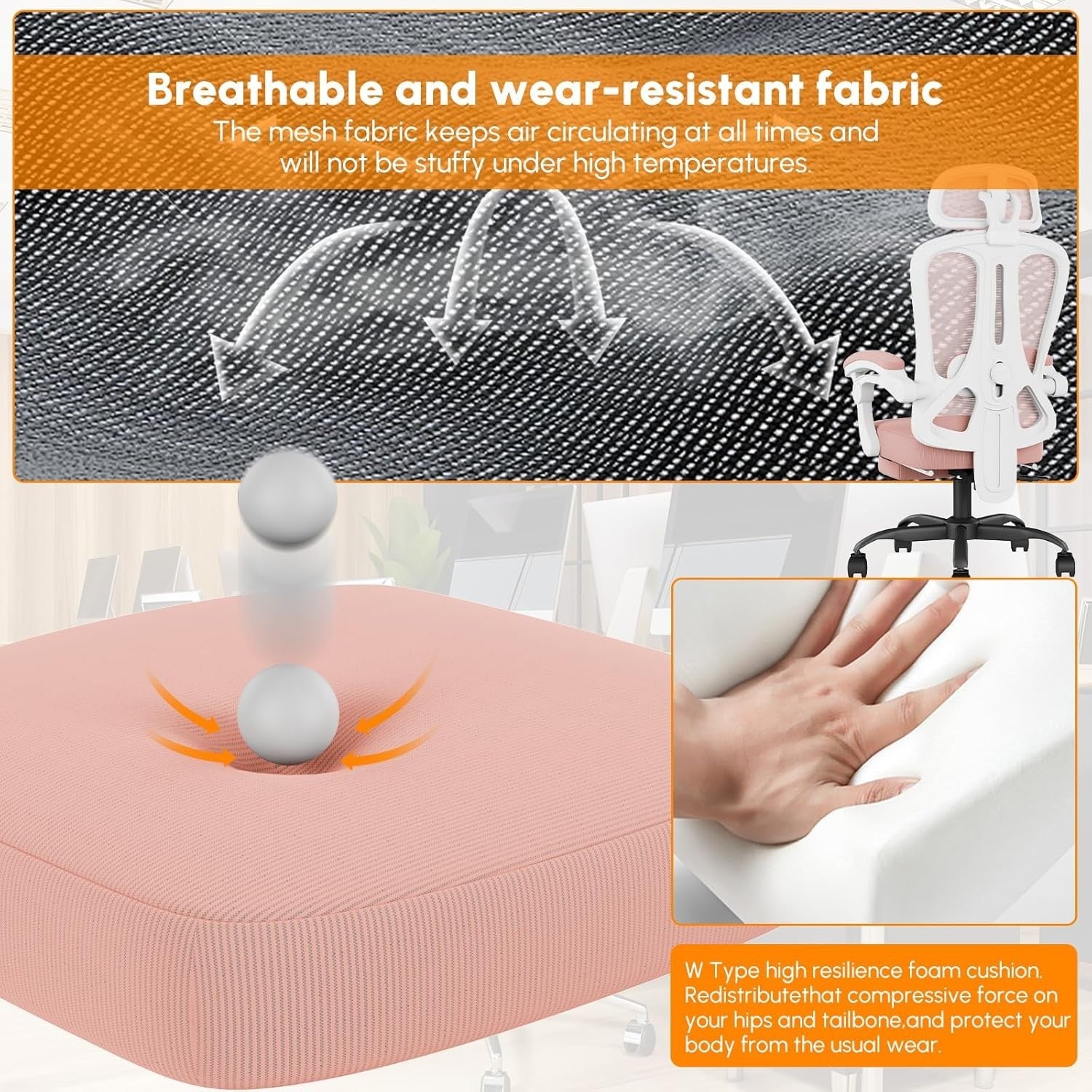 Ergonomic Office Chair Mesh Pink Gaming Desk Chair Retractable Footrest