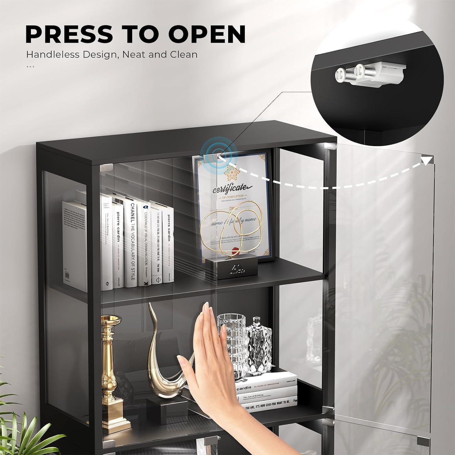 LED Display Cabinet with Glass Doors, Sensor Lighting, Tall Storage Shelf