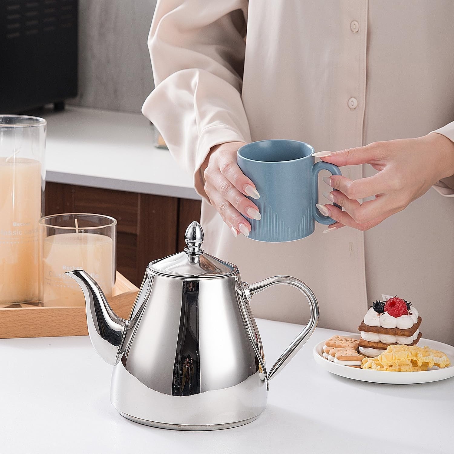 Stainless Steel Teapot 1.5L Tea Coffee Server Easy Pour Drip Free Pot