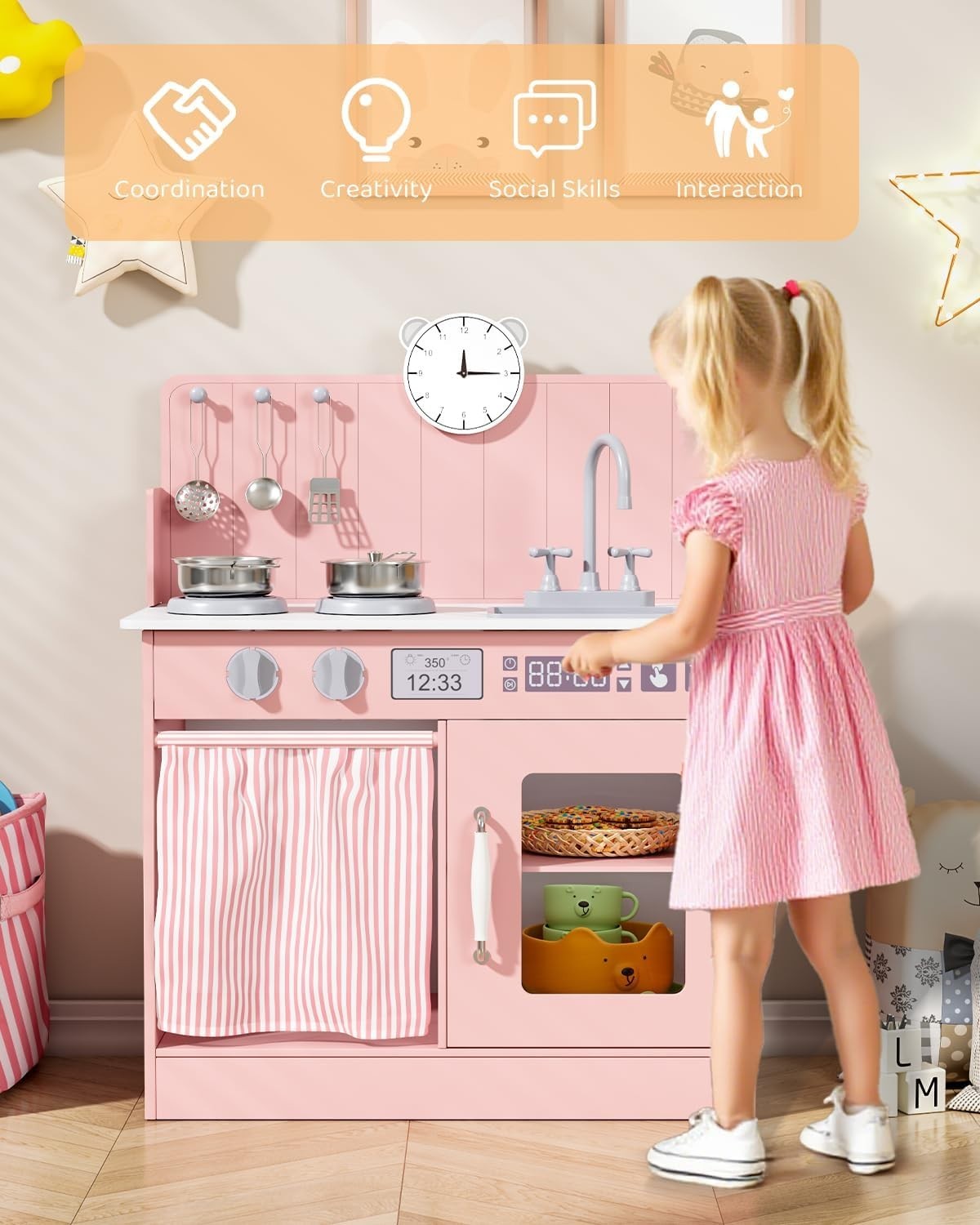 Wooden Kids Play Kitchen Pink Toy Cooker Sink Cookware Storage Set
