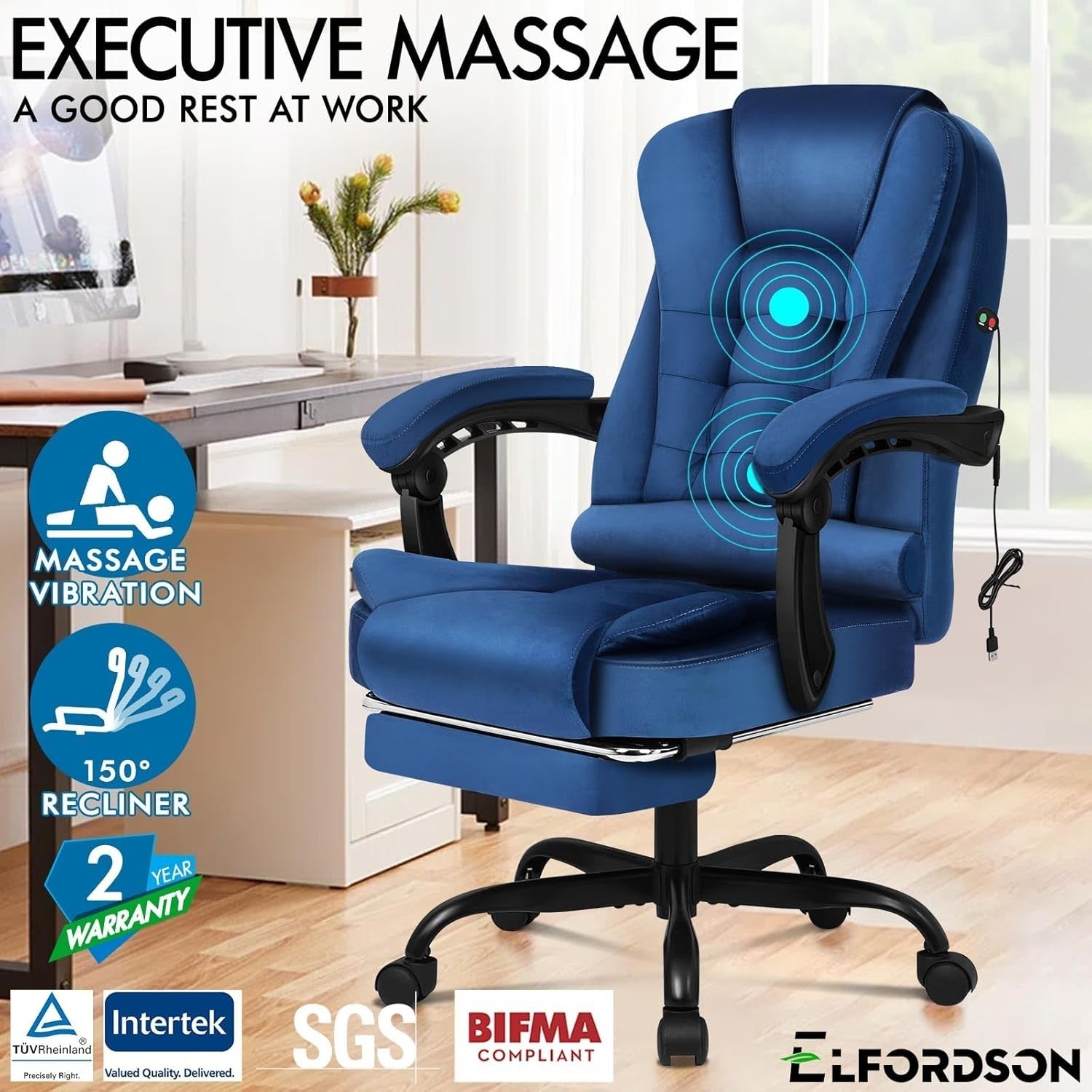 Massage Office Chair Velvet Recliner 150° Swivel Footrest High Back Blue