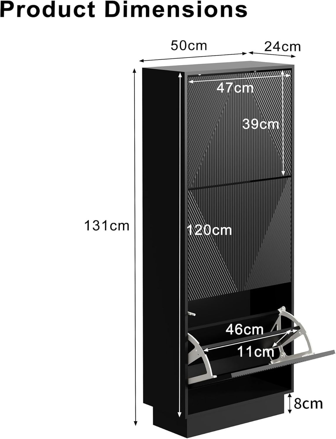 Black Slim Shoe Cabinet Storage | 3 Flip Drawers, 131cm, Anti-Tip Design