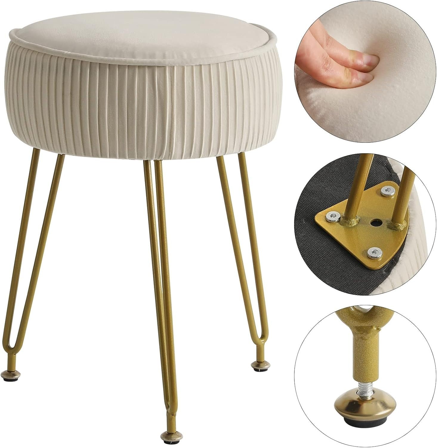 Cream Velvet Round Footrest Ottoman – Vanity Stool with Golden Steel Legs