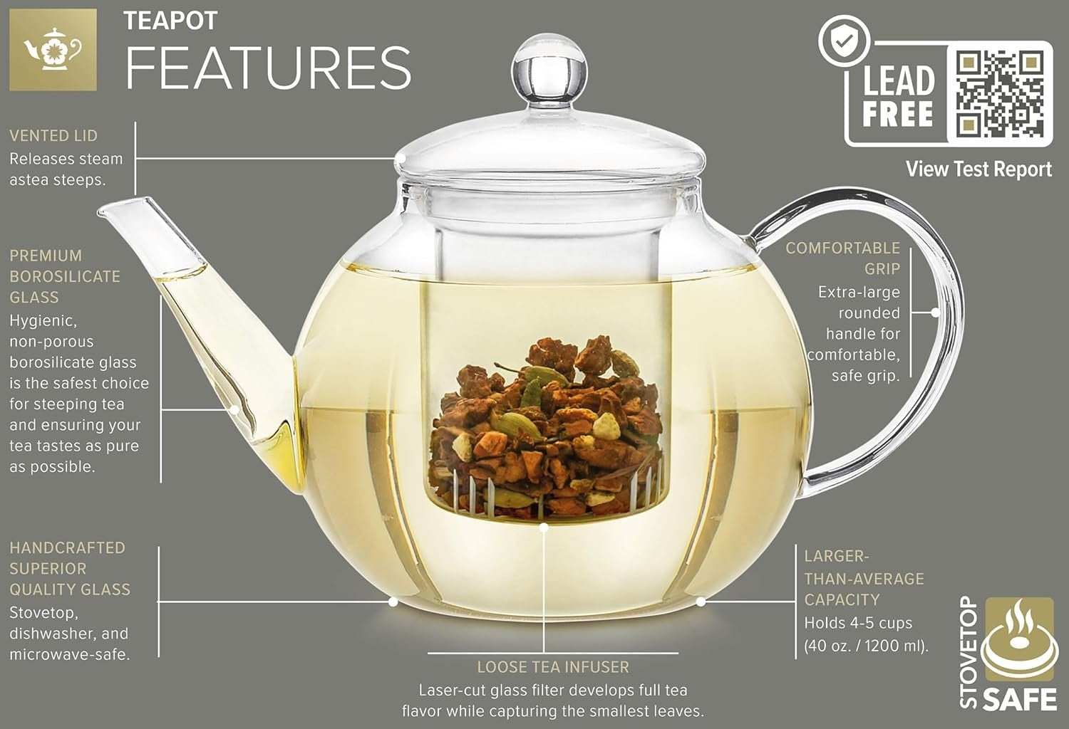 Glass Teapot with Infuser 1.2L Stovetop Microwave Safe Tea Maker Set