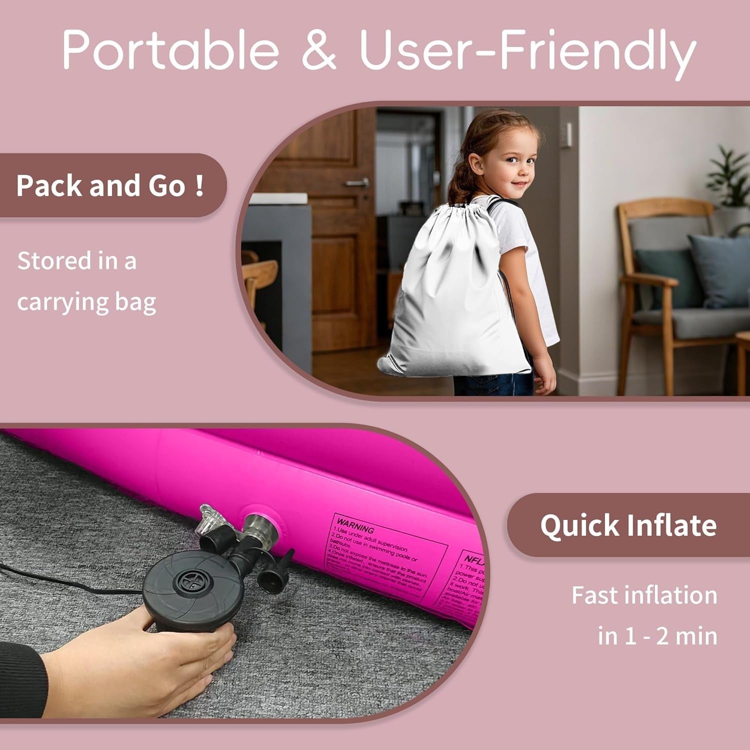 Portable Toddler Air Mattress Bed with Safety Bumpers & Pump, Pink