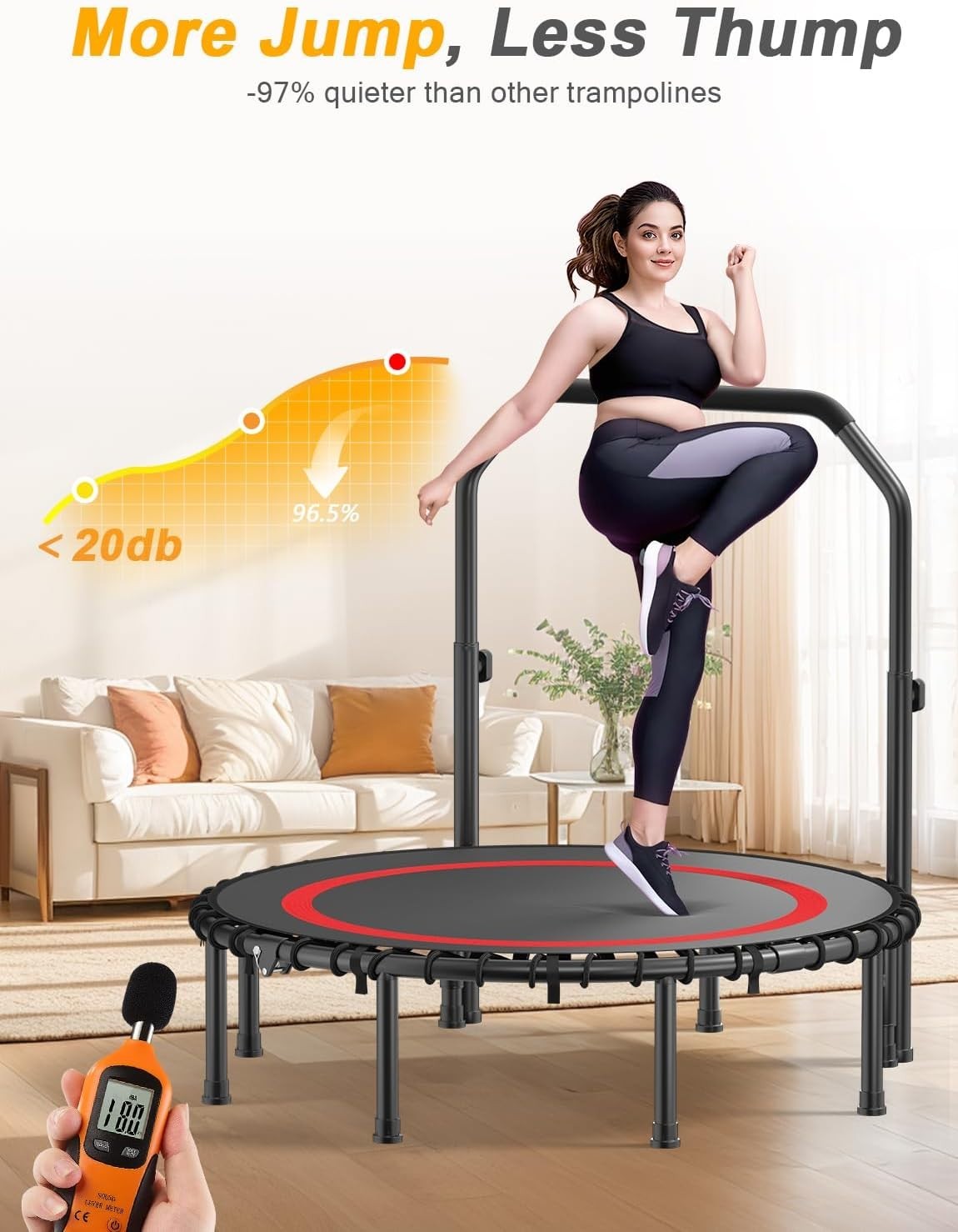 48” Foldable Fitness Trampoline Indoor Rebounder w Adjustable Handle 200KG